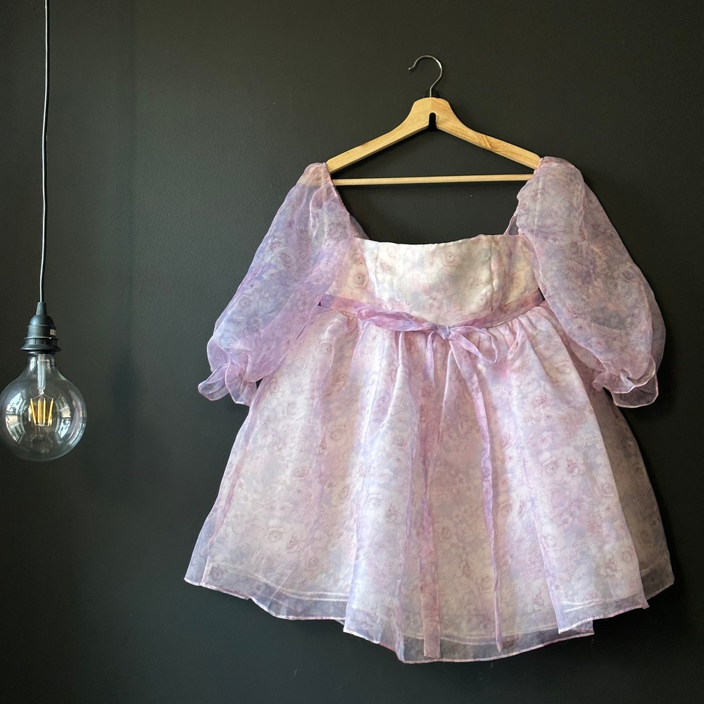 Fanciful Doll Floral Organza Mini Babydoll Dress Purple Pink Size Small